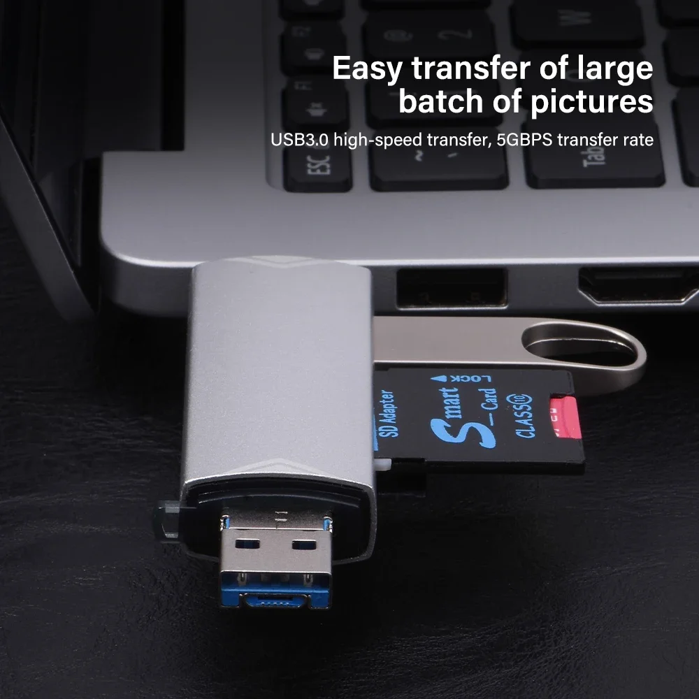 TYPE-C USB 3.0 미니 메모리 카드, 다기능 카드 리더기, 외부 스토리지, 메모리 스틱 카드 리더기, 블랙 스트레치, 6-in-1