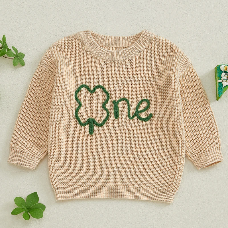 Infant Baby Boy Girl 1st Birthday Sweaters Fall Winter Clover Letter Embroidery Long Sleeve Crew Neck Pullovers Irish Clothes