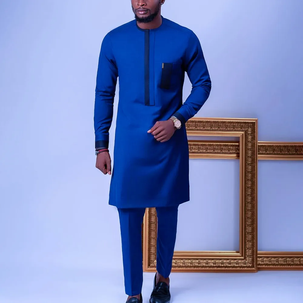 Men's Elegant Suit Pants Set Embroidery Crew Neck Long Sleeve Solid Color Two-piece Social African Men's Style (M-4XL)