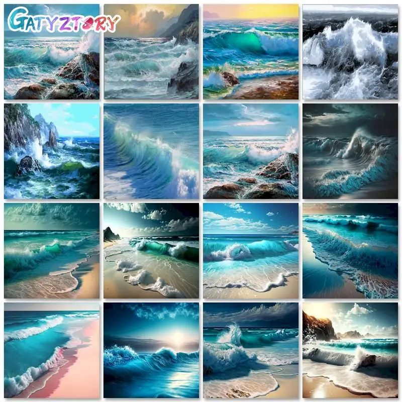 アートペイント 海 Gatyztory-数字による油絵、海の波のキャンバス絵画、大人のため