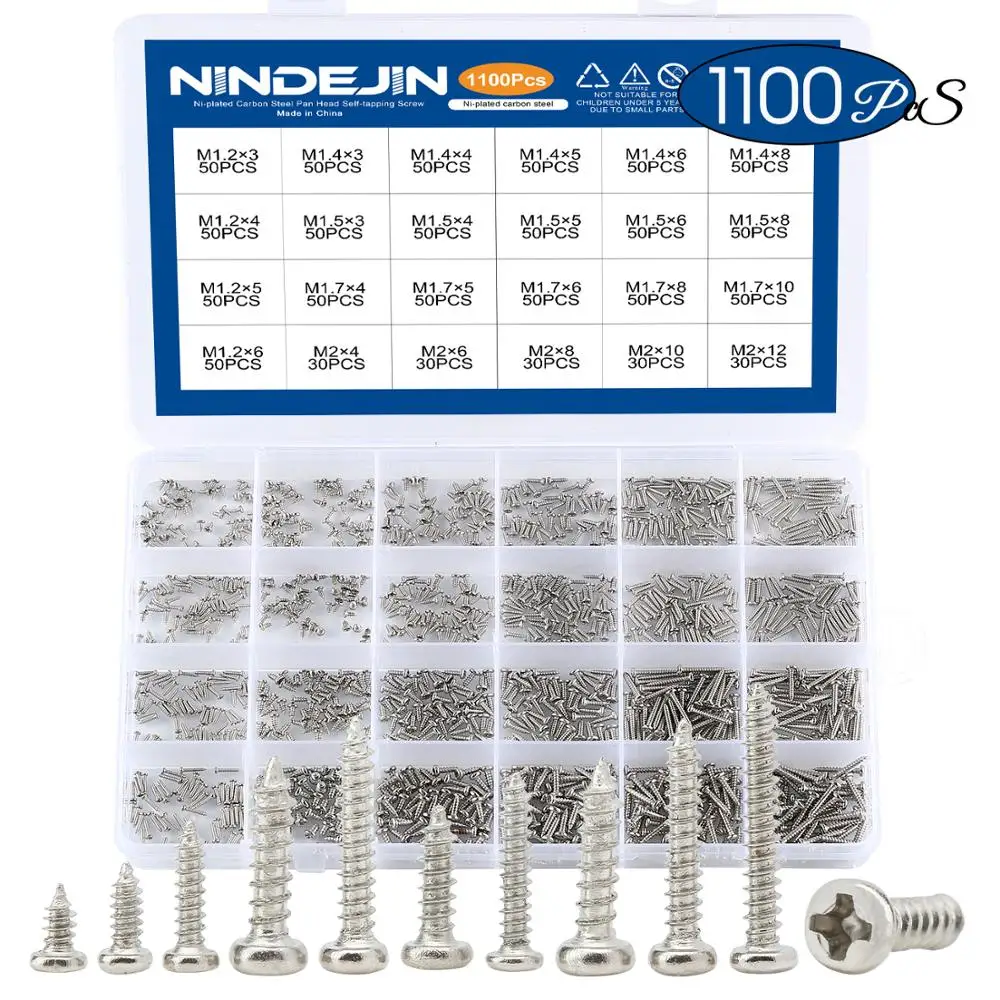 1100pcs 라운드 팬 헤드 태핑 나사 세트 M1.2 M1.4 M1.5 M1.7 M2 미니 나사 노트북 컴퓨터 나사 필립스 나사 키트