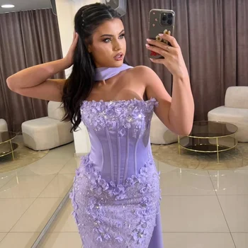 Bella Customize Purple Glitter 3D Flowers robes de soirée Mermaid Strapless Backless Prom Dresses Floor-Length Wedding Dress 1