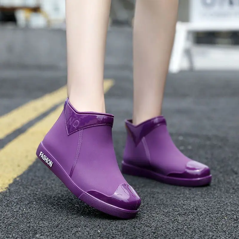 Feerldi brand ankle fur rubber boots women's purple short rainshoes non-slip wateproof winter rain boots