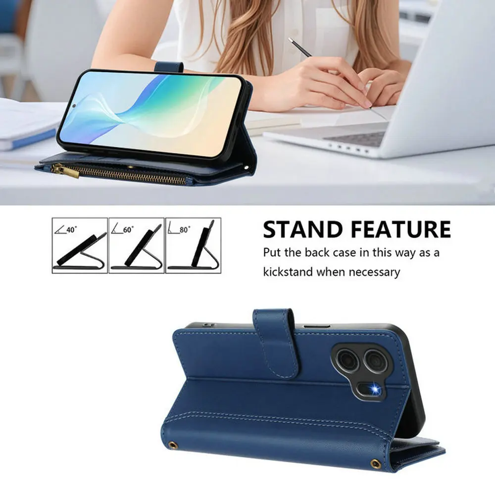 Luxury Zipper Leather Flip Case with 9-Card Slots