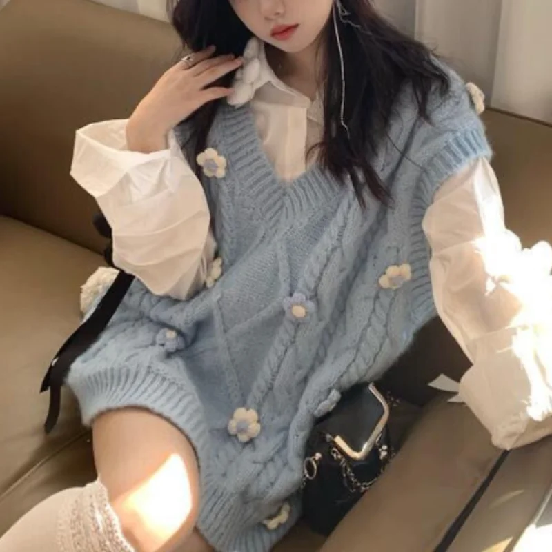 

Deeptown Korean Style Fairycore Sweater Vest Women 2000s Aesthetic Flower Oversize Blue Knitted Top Sweet Harajuku Jumper Female