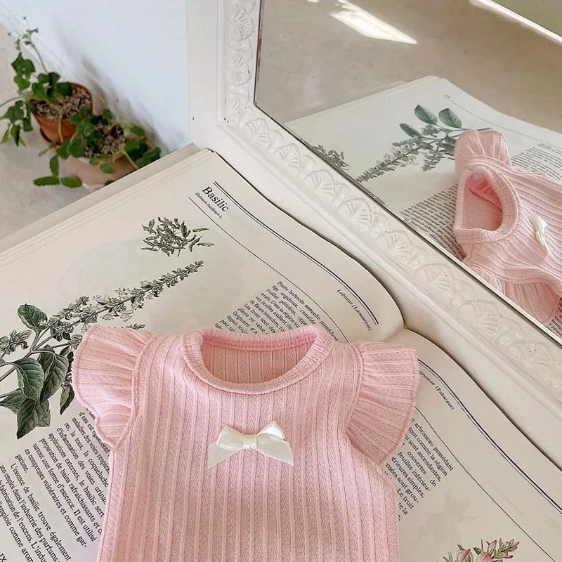 Dog Clothes Dog Vest Cute Bow Teddy Puppy Pullover Summer Breathable Two-Legged Solid Color