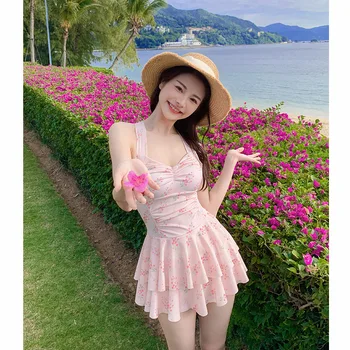 2025 New One-Piece Swimsuit Women Summer Sexy Floral Skirt Style Conservative Belly Cover Slimming Neck Hanging Hot Spring St... 1