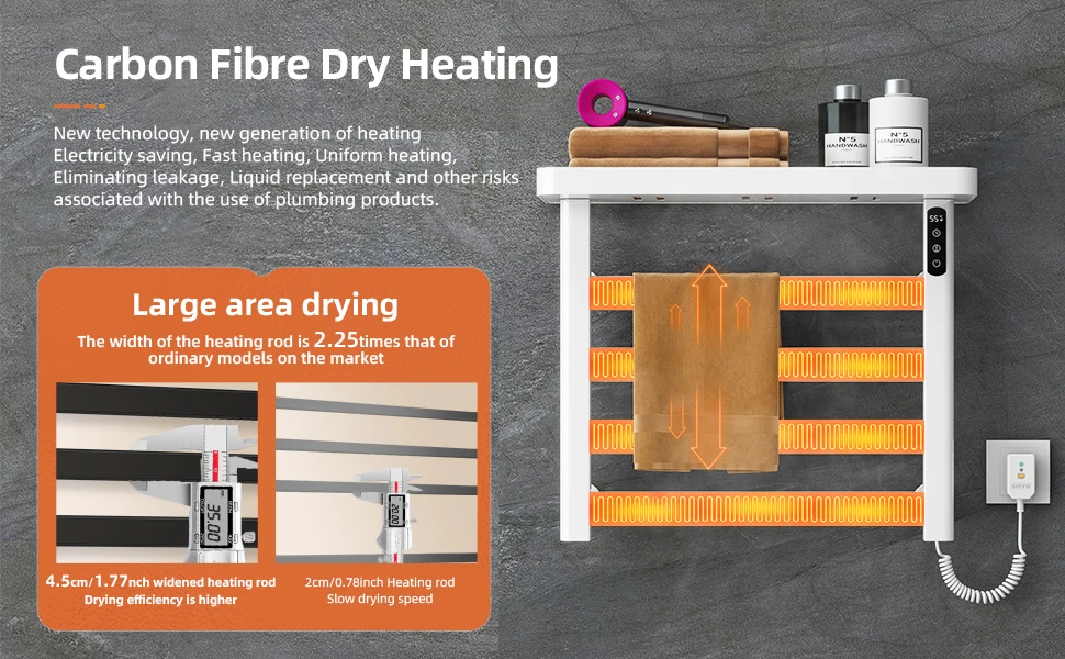 Description Picture 4 of itemSIOYIE Heated towel rack Electric towel rack with Timer Towel warmers with storage rack for bathrooms Wall-Mounted Black G50