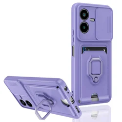 Sliding Camera Protection Case with Magnetic Vehicle Bracket and Card Wallet Shell for VIVO Y22 4G (PURPLE)