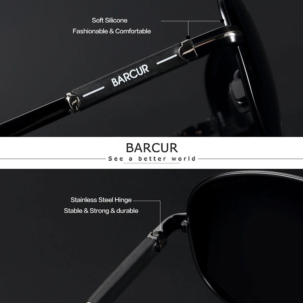 Barcur polarisierte herren sonnenbrille pilot sonnenbrille für männer zubehör fahren angeln, wandern brillen oculos gafas de sol – Detail 5