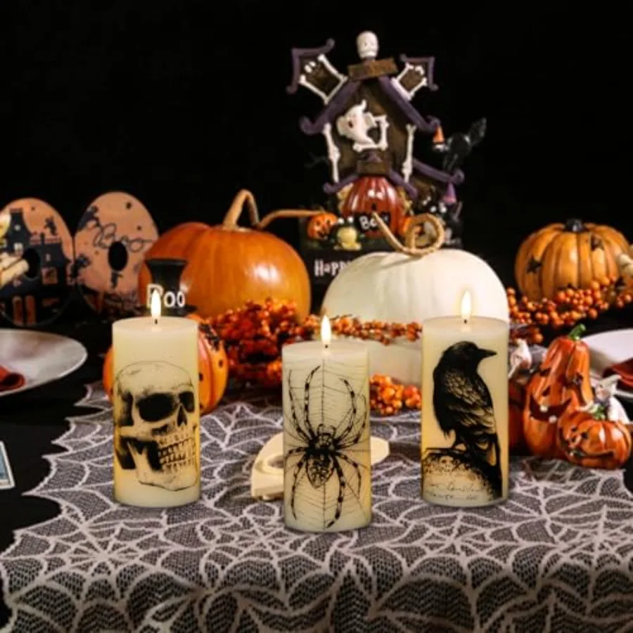 Halloween Flickering Candles Remote with Skull Spider Web Crow Raven Decals Set of 3 Battery Operated Halloween Themed LED Cand
