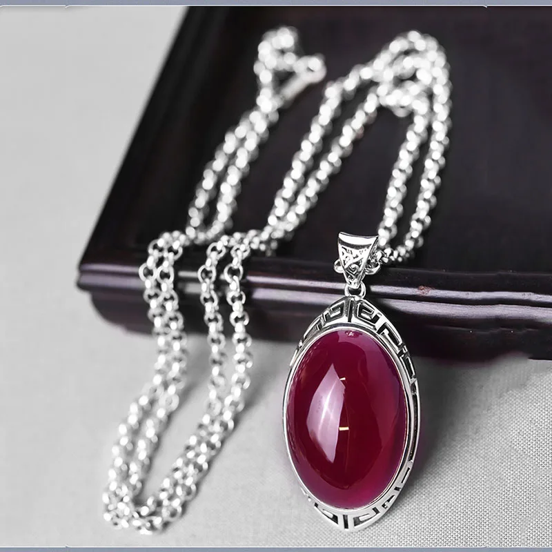 Pendant Necklace Silver Necklace Silver Pendant Necklace Pendant Real 925 Sterling Silver Big Gemstone Fine Jewelry Oval Red Ruby Pendant Vintage Hollow Pattern Women RP01