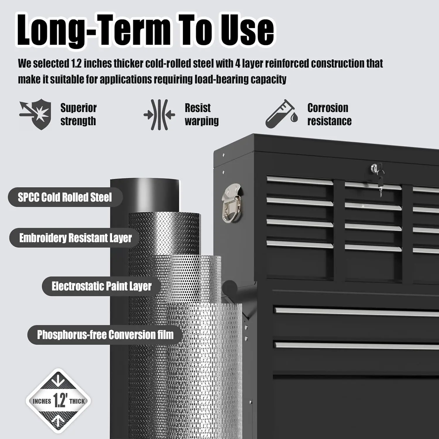 Drawer Rolling Tool Storage Cabinet with 2 in 1 Detachable Top Tool Box, Liner, Lockable Wheels, Side Hooks, Locking Mechanism, 4