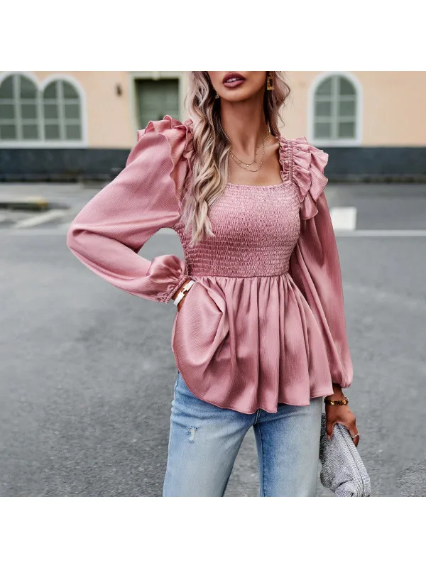 

Women Autumn Winter Fashion Square Collar Elastic Solid Color Long Sleeved Patchwork Commuting Versatile Casual Shirt Tees Tops
