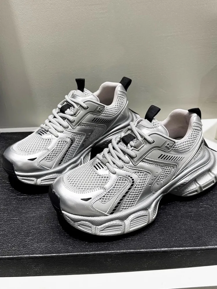 Summer Ladies Leisure Silvery Mesh Breathable Thick Soled Lace Up Jogging Sports Shoes Running Shoes Fitness Trainers Sneakers