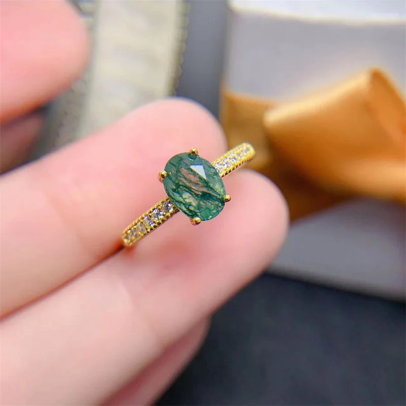 

Natural Water Grass Agate Simple Adjustable Size Ring Engagement Elegant 925 Silver Women's Ring Gemstone with Certificate