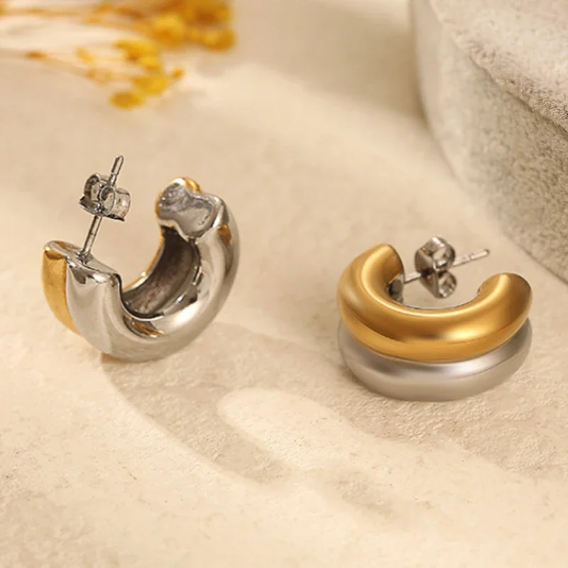 Gold&silver Mix Color Double Layer C Shape Stainless Steel Hoop Earrings Stainless Steel Huggie Ear Hoops Bicolor Punk Jewelry