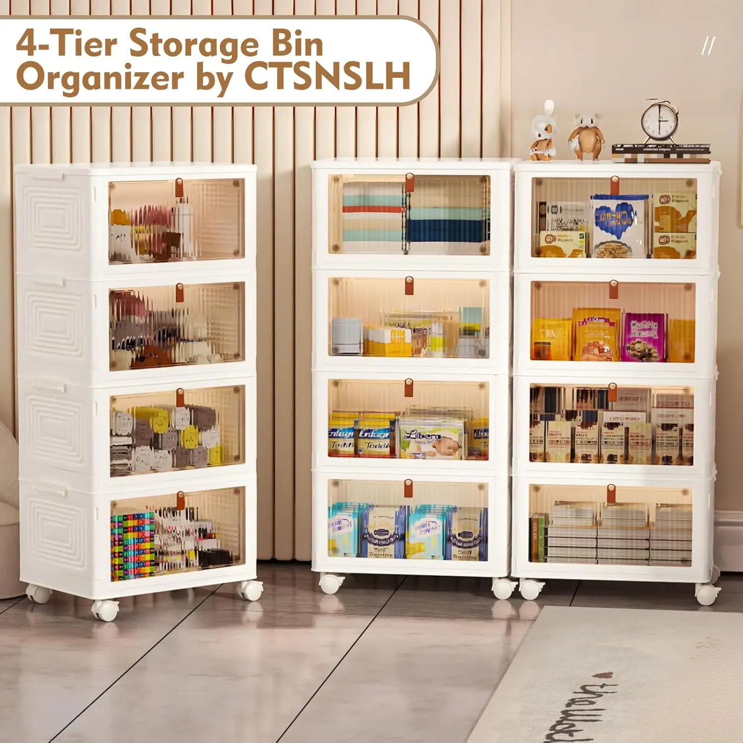 4 Tier Plastic Storage Bins and Boxes Organizer - Stackable with Lids for Bedroom, Living Room, Kitchen, Office - Foldable Conta 4