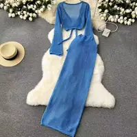 knitting Long Sleeve Bonds Top One piece Skirt Women Beach Vacation Bikini Cover Up Sun Bathing See-Through Sunscreen Smock - Image 2