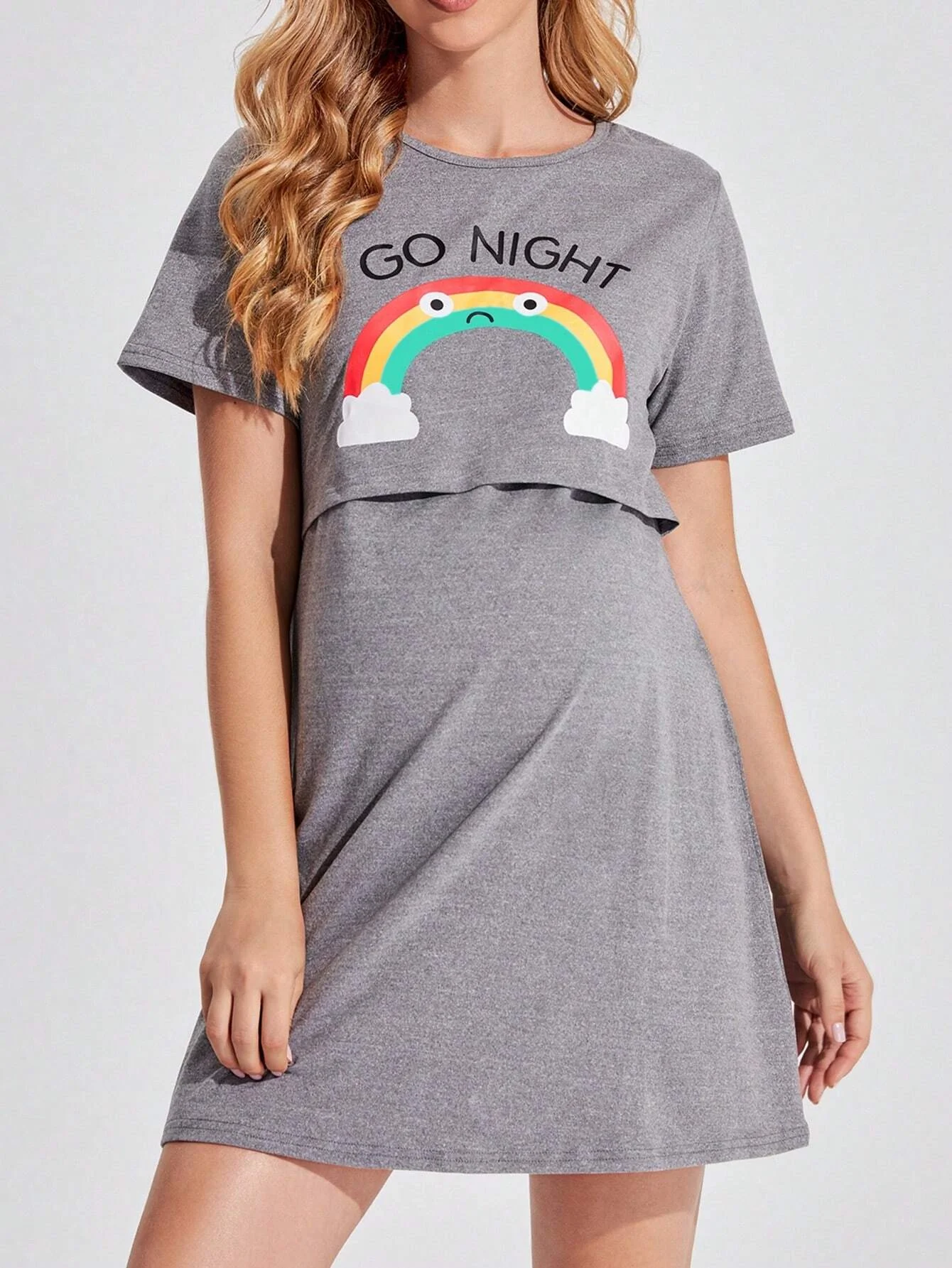 Maternity Nightgown Set Pregnant women's rainbow letter pattern nursing casual wear breastfeeding short sleeved pajamas spring and summer