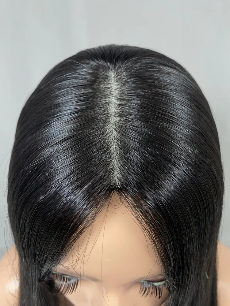 gorgeous beautiful black long hair silk top wig central parting full density for thinning hair virgin human kosher wigs