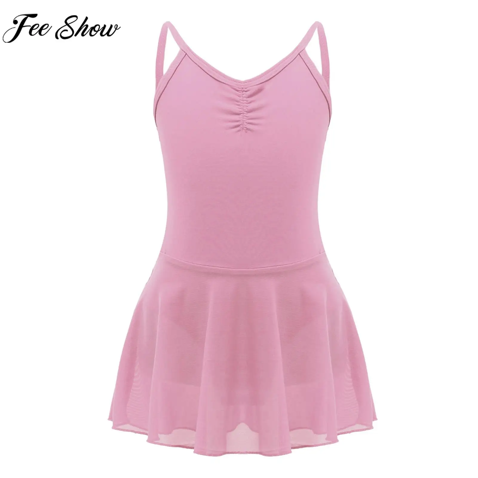 

Girls Ballet Dance Gymnastics Leotard Dress Sleeveless Backless Ruched Solid Color Tutu Kids Dancewear for Training Performance