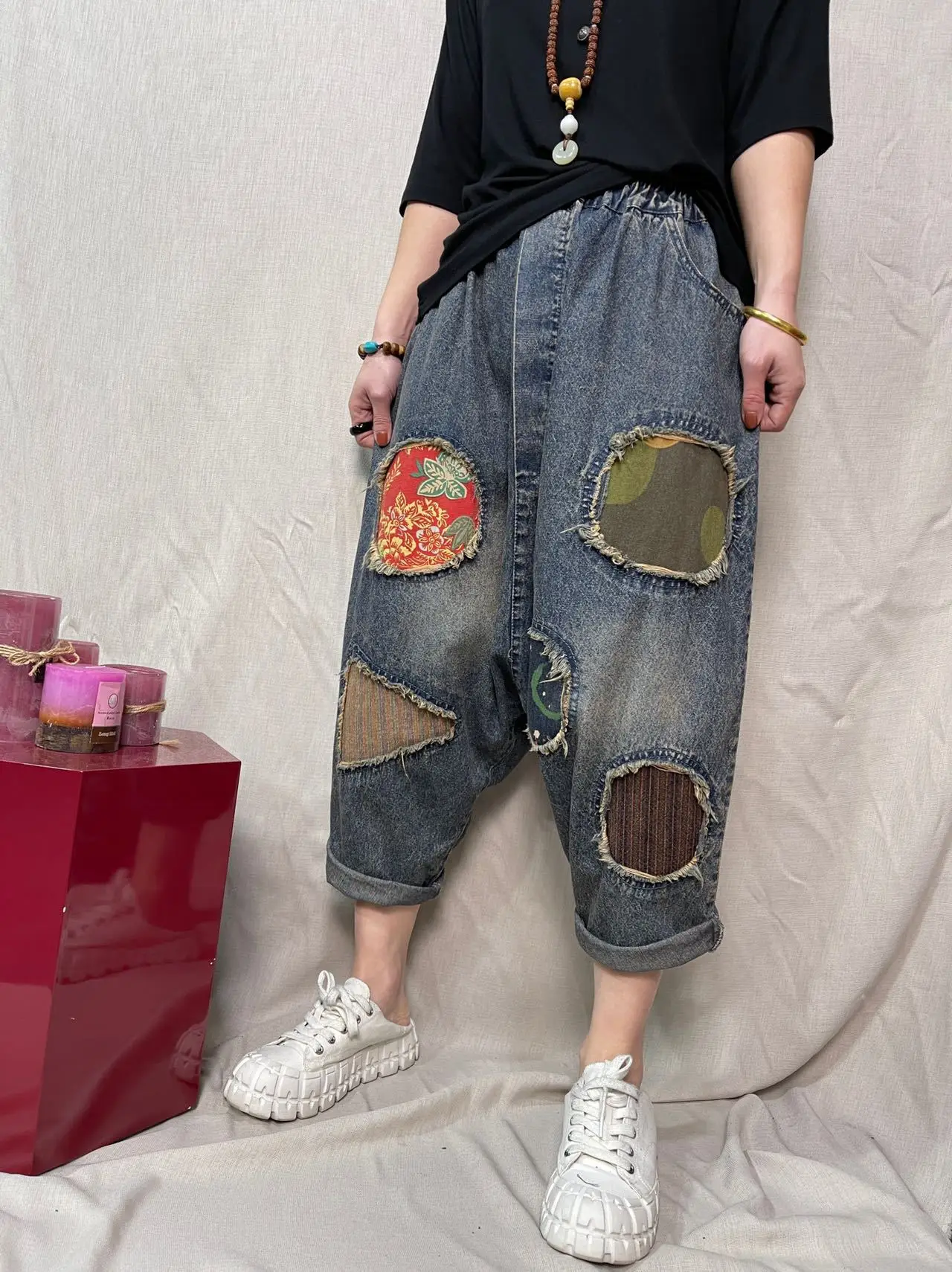 Denim Cross-pants Women High Waist Nine Points Harem Blue