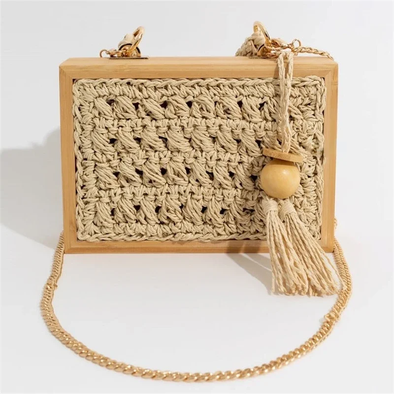 

Fashion Wooden Box Straw Bag Designer Wicker Woven Women Handbags With Chains Rattan Shoulder Crossbody Summer Beach Bag