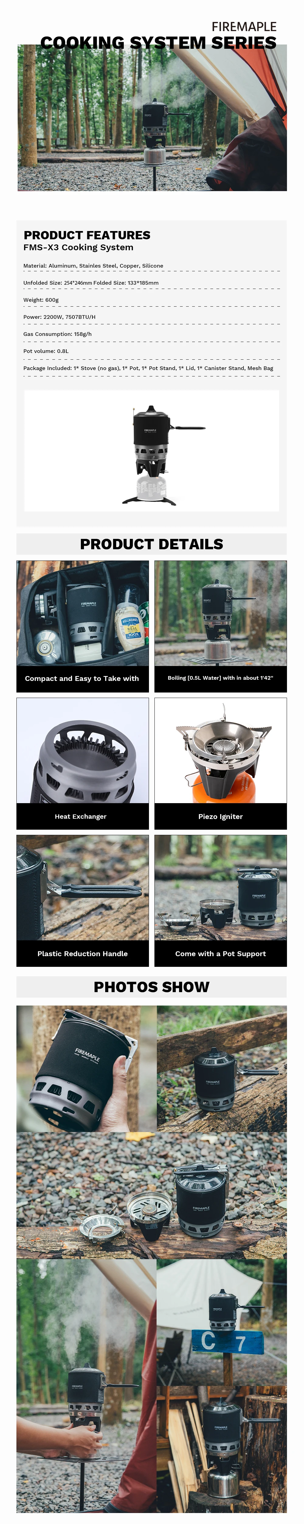 Feuer Ahorn FMS-X3 Kochs ystem Camping Outdoor Gasbrenner Solo Rucksack wind dichter Gasherd 2200w 0,8 l mit Piezo-Zündung – Detail 2
