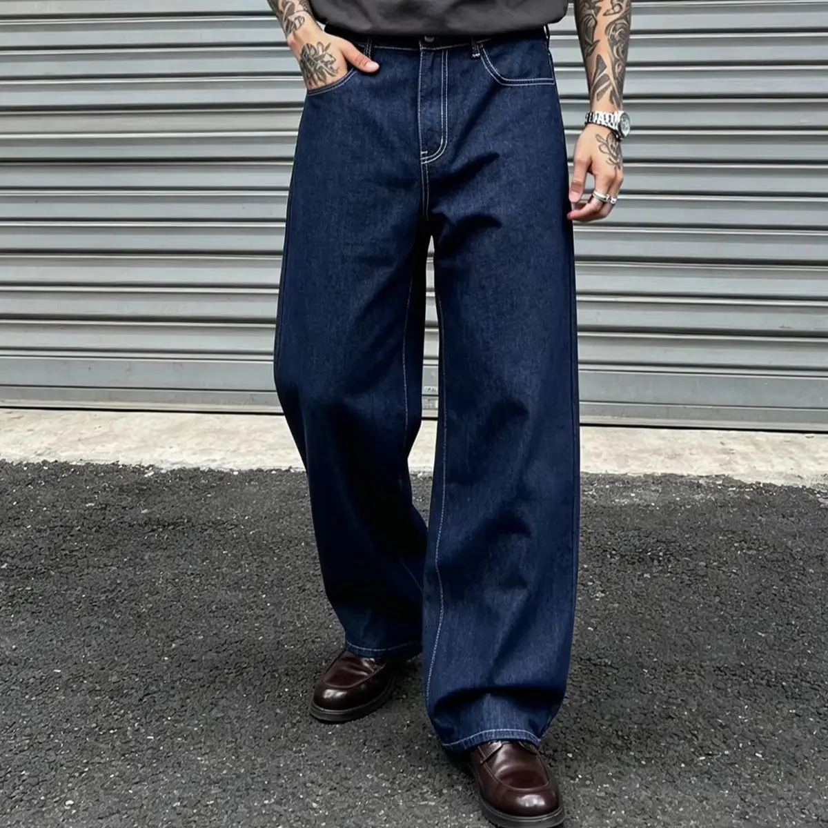 Unisex High-Waisted Wide-Leg Denim Jeans in Dark Blue