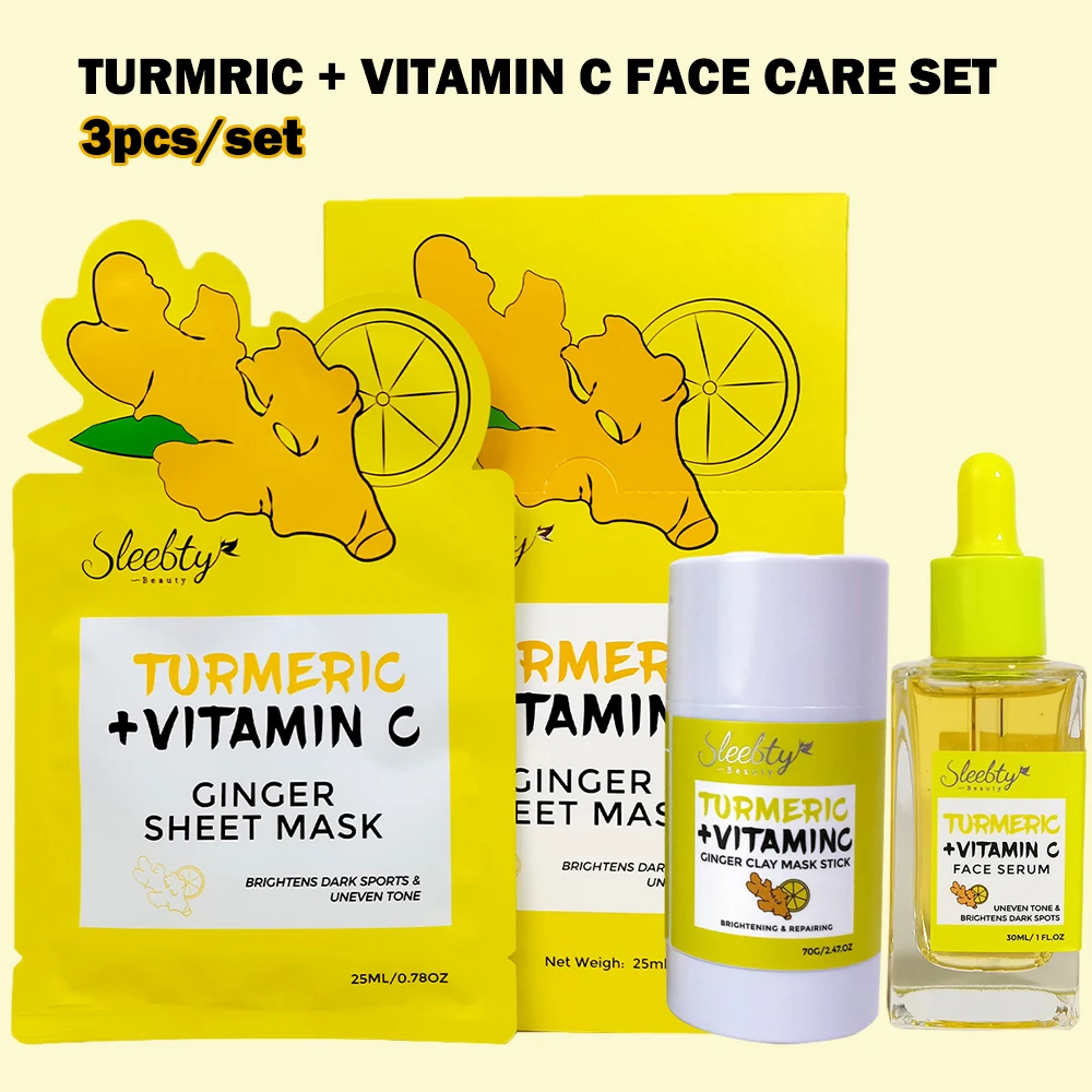 

3pcs Turmeric Vitamin C Skin Brightens Reduce Dark Spots Serum Deep Cleaning Oil Control Skin Care Set Face Anti Acne Whitening