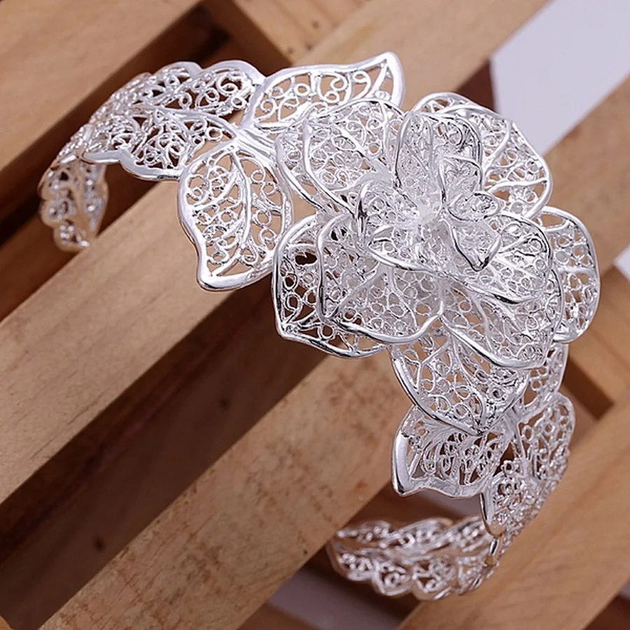 925 Sterling Silver jewelry bangle Hot engagement  exquisite retro charm hollow big women lady flowers openings bracelet - 2