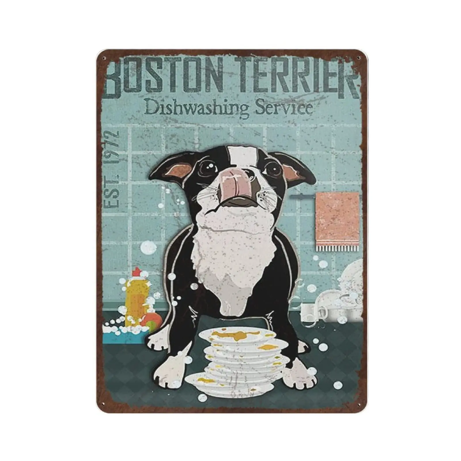 

Antique Durable Thick Metal Sign,Boston Terrier Dog Dishwashing Service Tin SIign,Vintage Wall Decor，Novelty Signs for Home Kitc