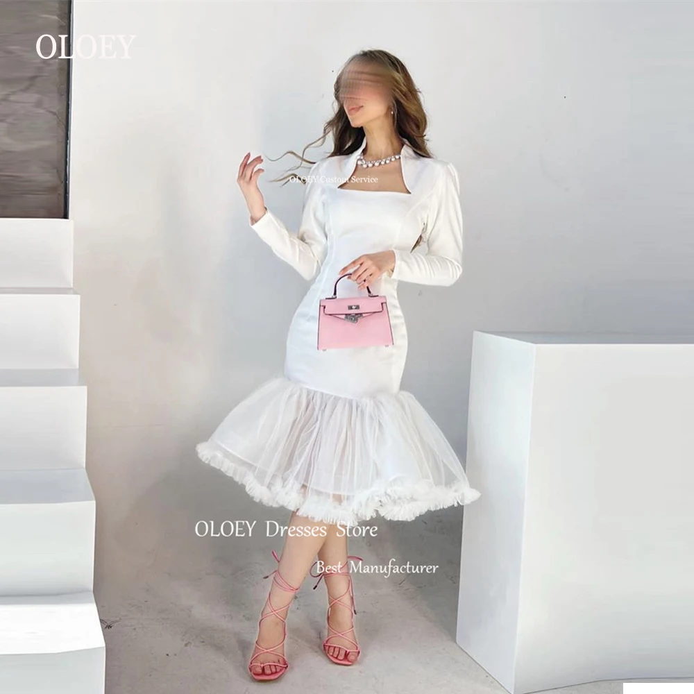

OLOEY Vintage Simple Mermaid White Prom Party Dresses Saudi Arabic Women Long Sleeves Square Neck Tea Length Evening Gowns