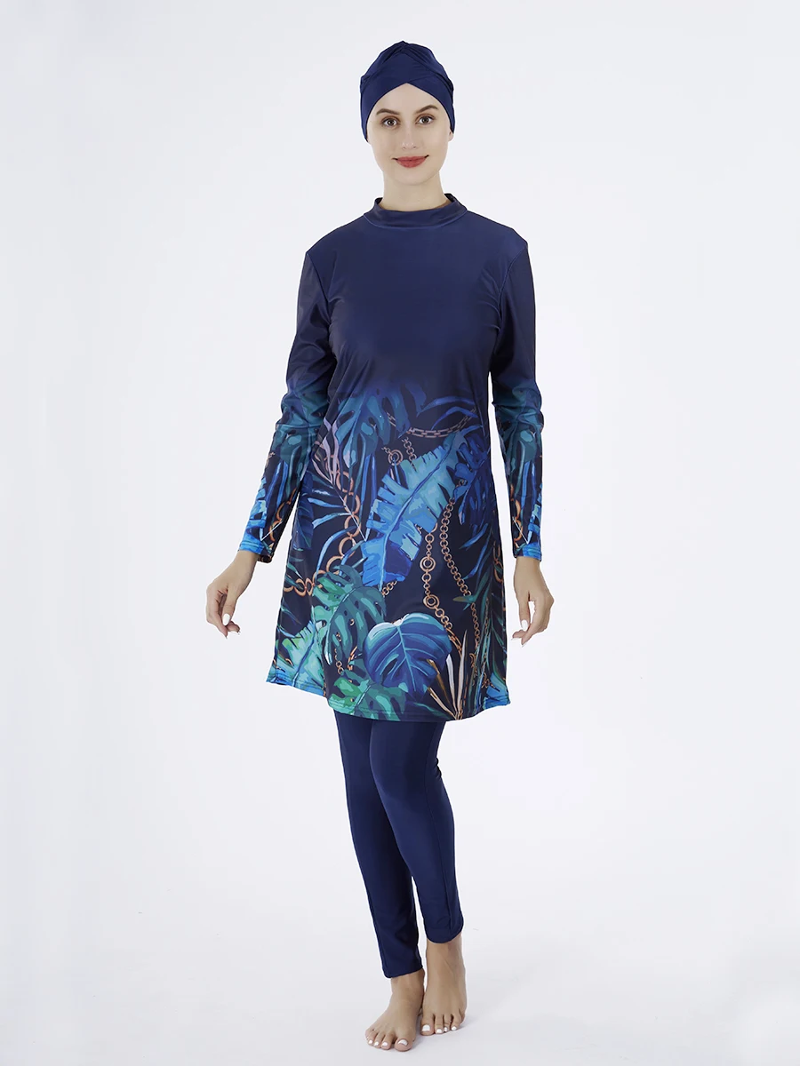 3 قطعة ملابس النساء المسلمات غطاء كامل بوركيني الحجاب القمم فستان أطفال مع سروال داخلي الإسلامية متواضع السباحة ملابس السباحة ثوب السباحة بحر 1