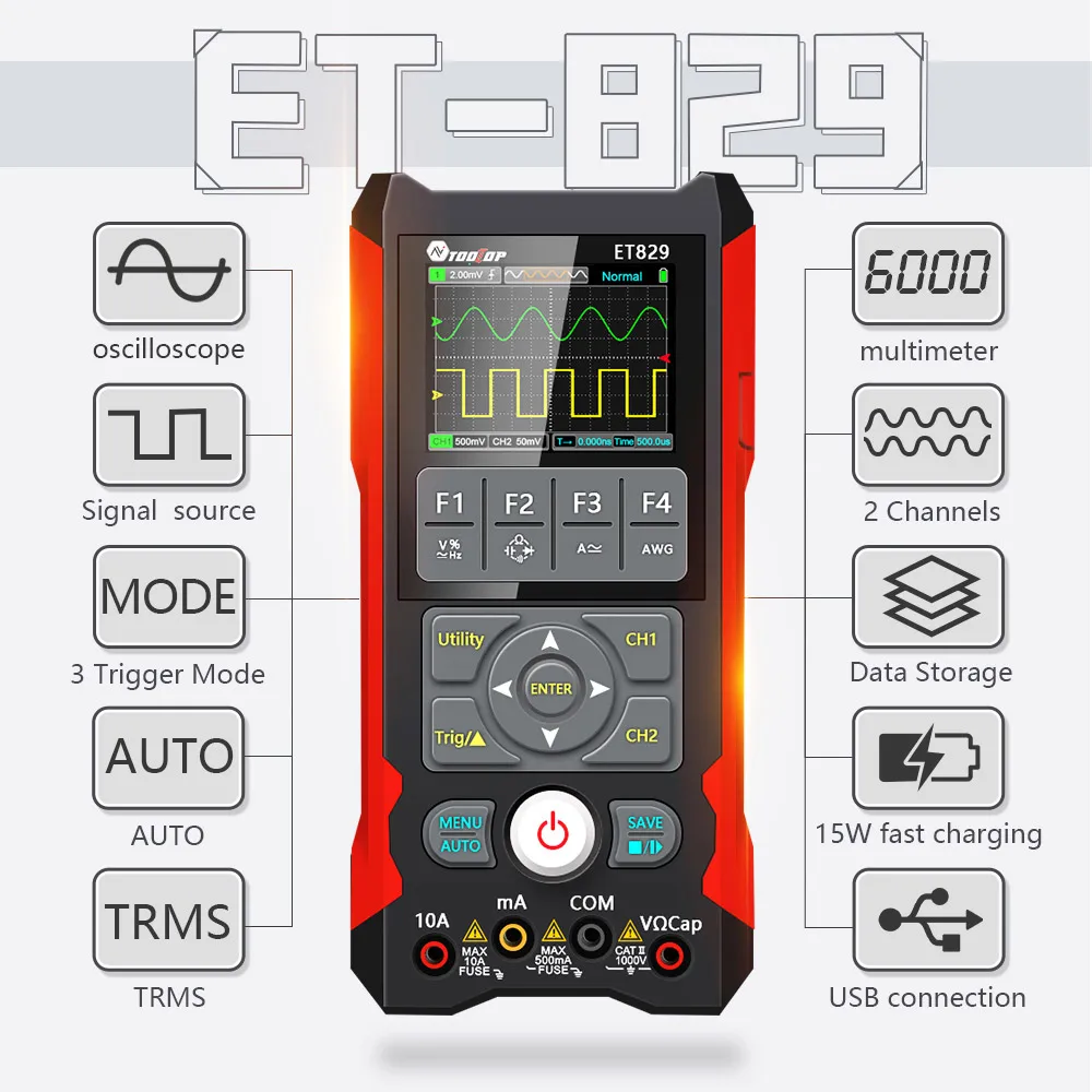 ET829 2 Channel 80MHz Digital Storage Oscilloscope Multimeter Signal Generator 3