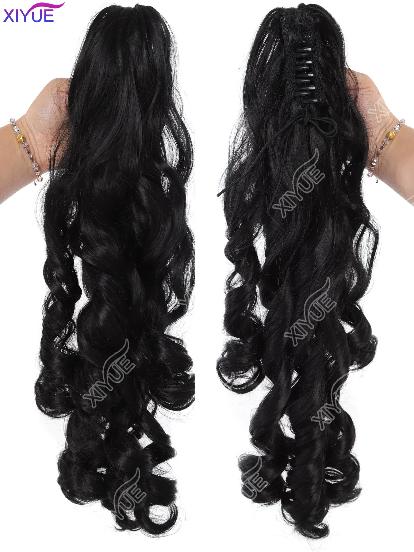 XIYUE 50cm Long Black Curly Clip In Hair Extensions Pieces Pony Tail Synthetic Hair Claw Ponytail for women