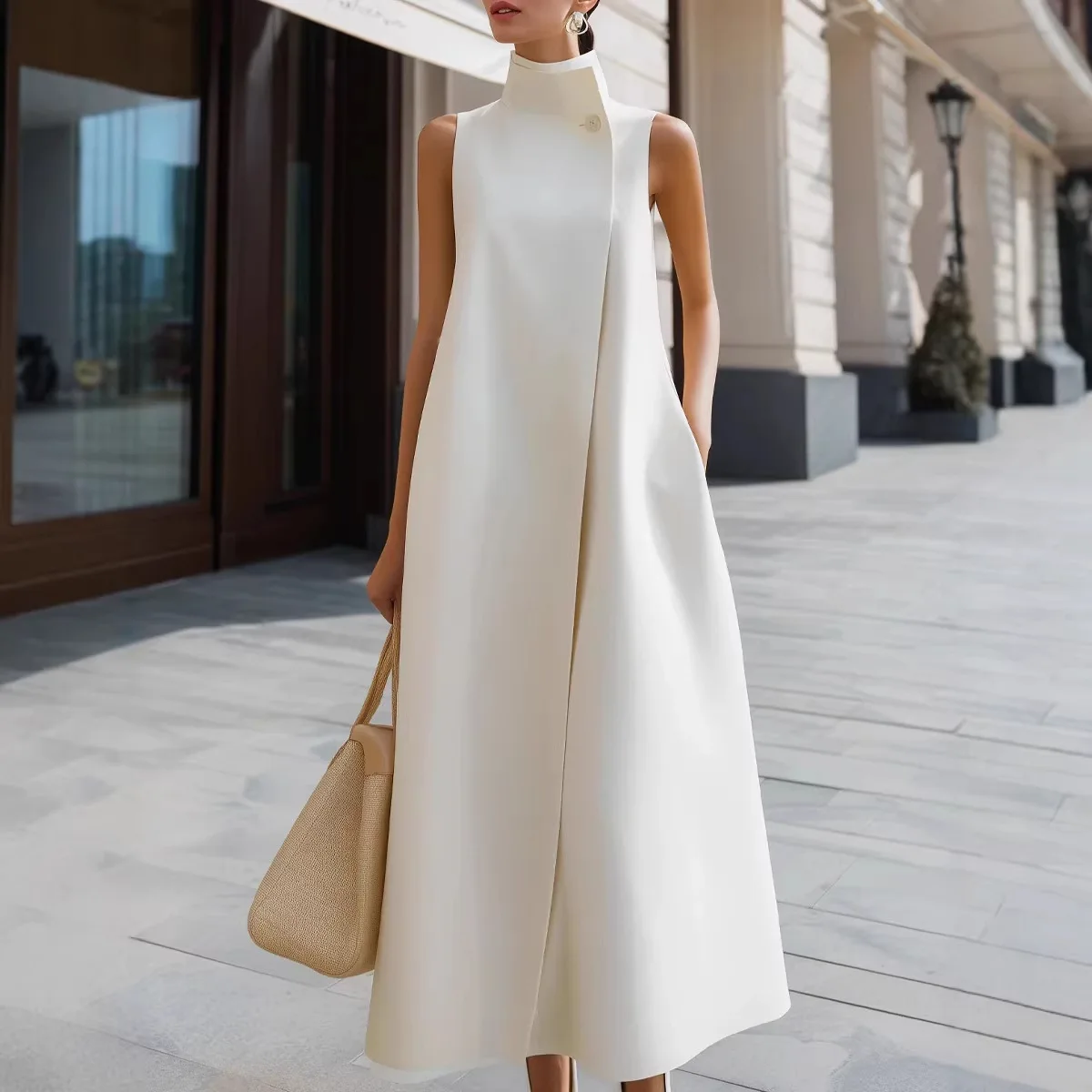2026 Europa & Amerika Cross-Border Neues Elegantes Pendler-Stehkragen-Kleid mit Einzelknopf, Einfarbig, Ärmellos