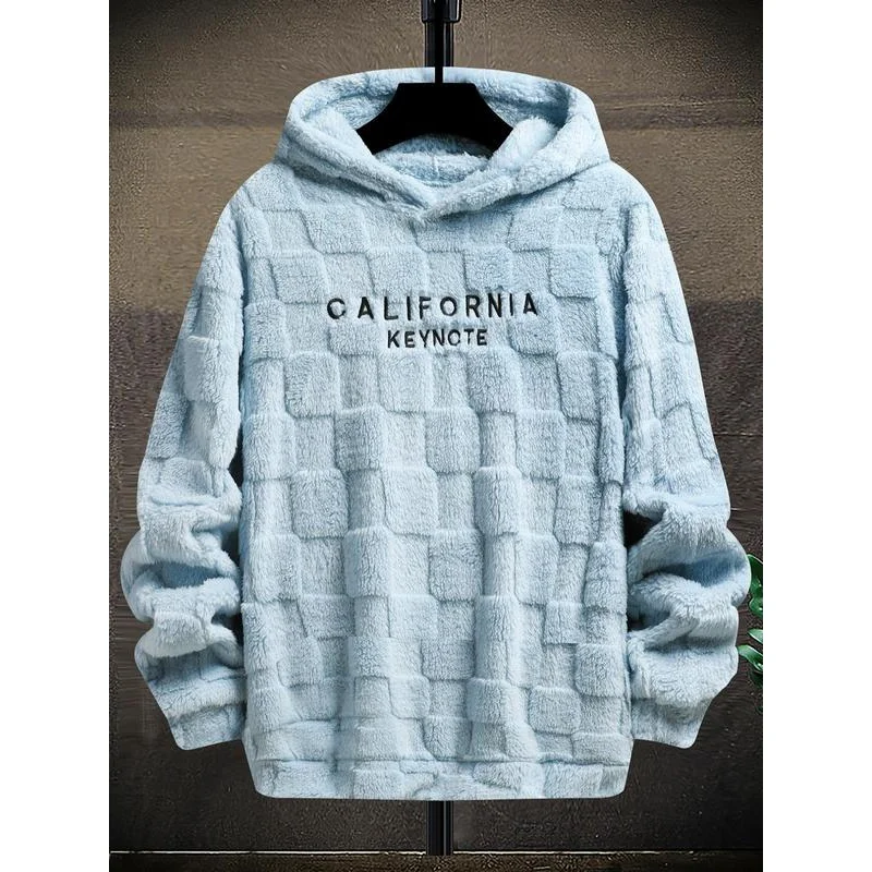 Men's Letter Embroidery Textured Drop Shoulder Fuzzy Hoodie, Regular Fit Casual Fashion Fall Streetwear Long Sleeve Hooded Sweat 5
