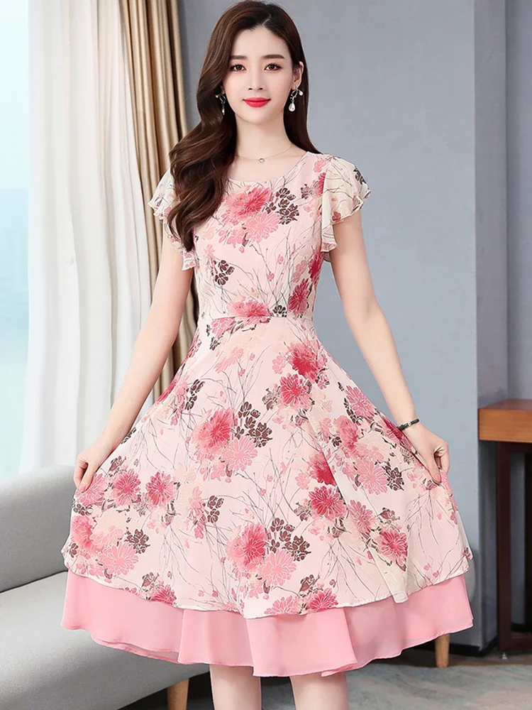 

2023 Pink Floral Ruffle Casual Boho Beach Kawaii Sundress Chic Sexy Prom Midi Dress Korean Elegant Bodycon Evening F12