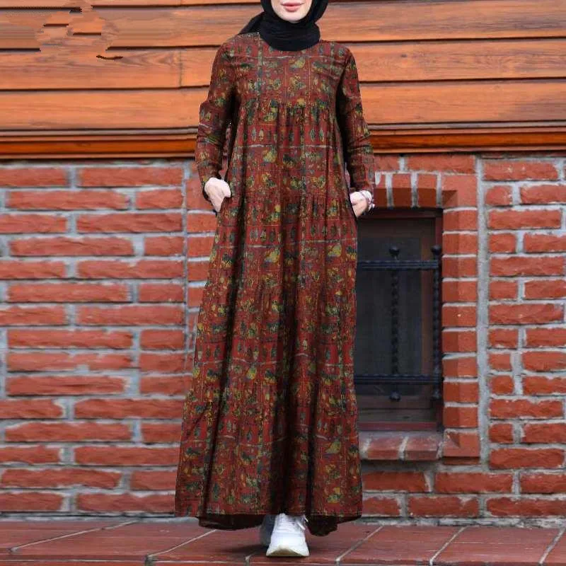 Muslim Woman Print Dress 2023 Autumn Retro Fashion Pullover Long Sleeve Round Neck Robe Casual Abaya Loose Dresses