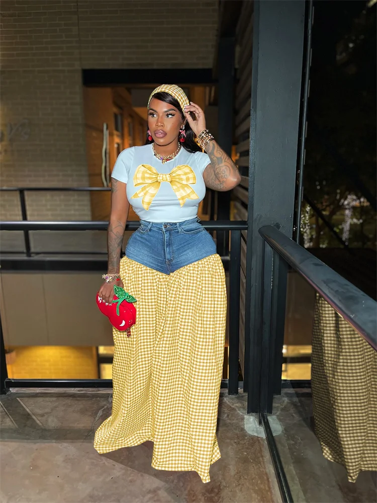 Wmstar 2 Piece Set Women Wholesale Denim Patchwork  Print Wide Leg T Shirt Plaid High Waisted Loose Wide Leg Pants Dropshopping