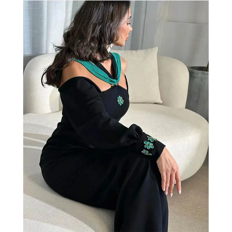 New Black Prom Dresses Flower Beads Off Shoulder Halter Elegant Evening Gown For Women Prom Dress