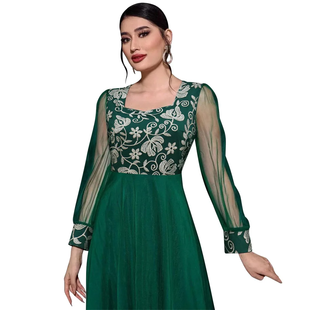 Kaftan Robe Dress Arabic Fashion Embroidered Mesh Sleeves Abaya A-line Dress Green Office Lady Dress Abaya Women Clothing