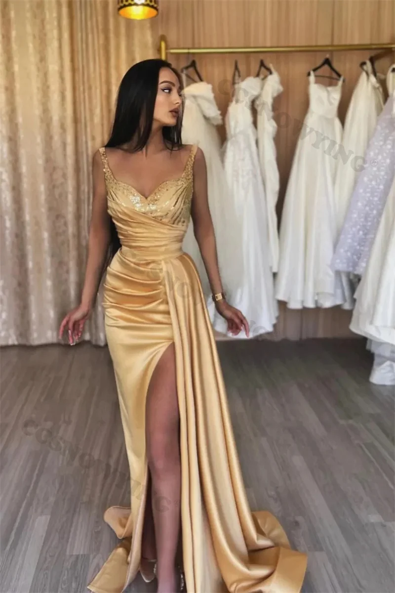 

Sexy Mermaid Spaghetti Strap Prom Dresses Satin Beaded High Slit Formal Evening Party Dress Robe De Soiree