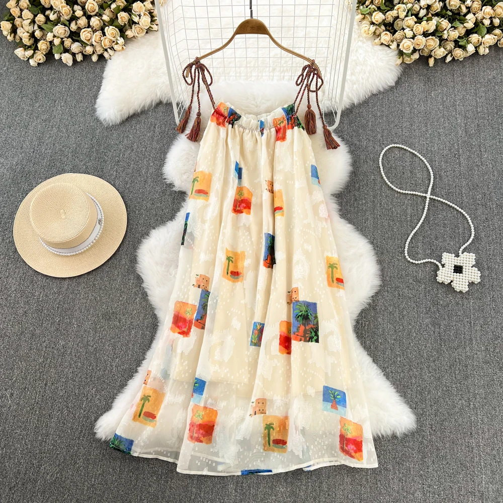 

Summer French Style Retro Temperament Loose Printed Suspender Skirt Frock Dising Girls Women Summer Female Dress Womens Dresses