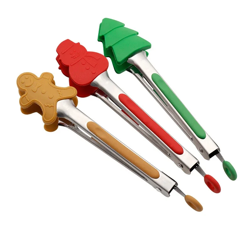 food tongs New Christmas Silicone Food Tong Gingerbread Man Snowman Xmas Tree Pattern Cooking Clip Steak Bread Clamp Kitchen BBQ Salad Tool