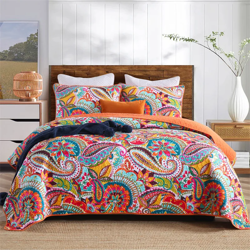 

CHAUSUB Paisley Cotton Quilt Set 3PCS Bedspread on the Bed Queen Size Printed Coverlet Summer Quilted Double Bed Thick Comforter