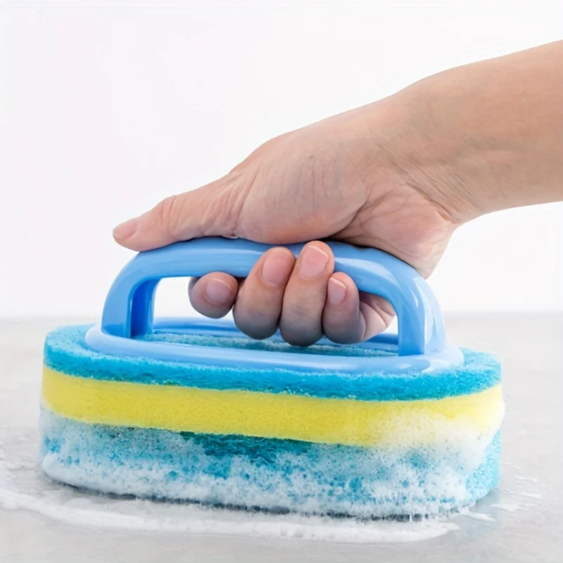 1pc Kitchen Sponge Wipe With Handle Cleaning Brush Bathroom Tile Glass Cleaning Sponge Thickening Stain Removal Clean Brush
