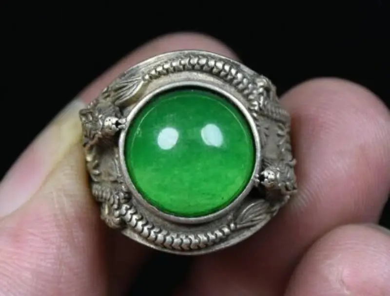 2.5Cm Rare Old China Miao Silver Inlay Gem Feng Shui 2 Dragon Lucky Finger Ring